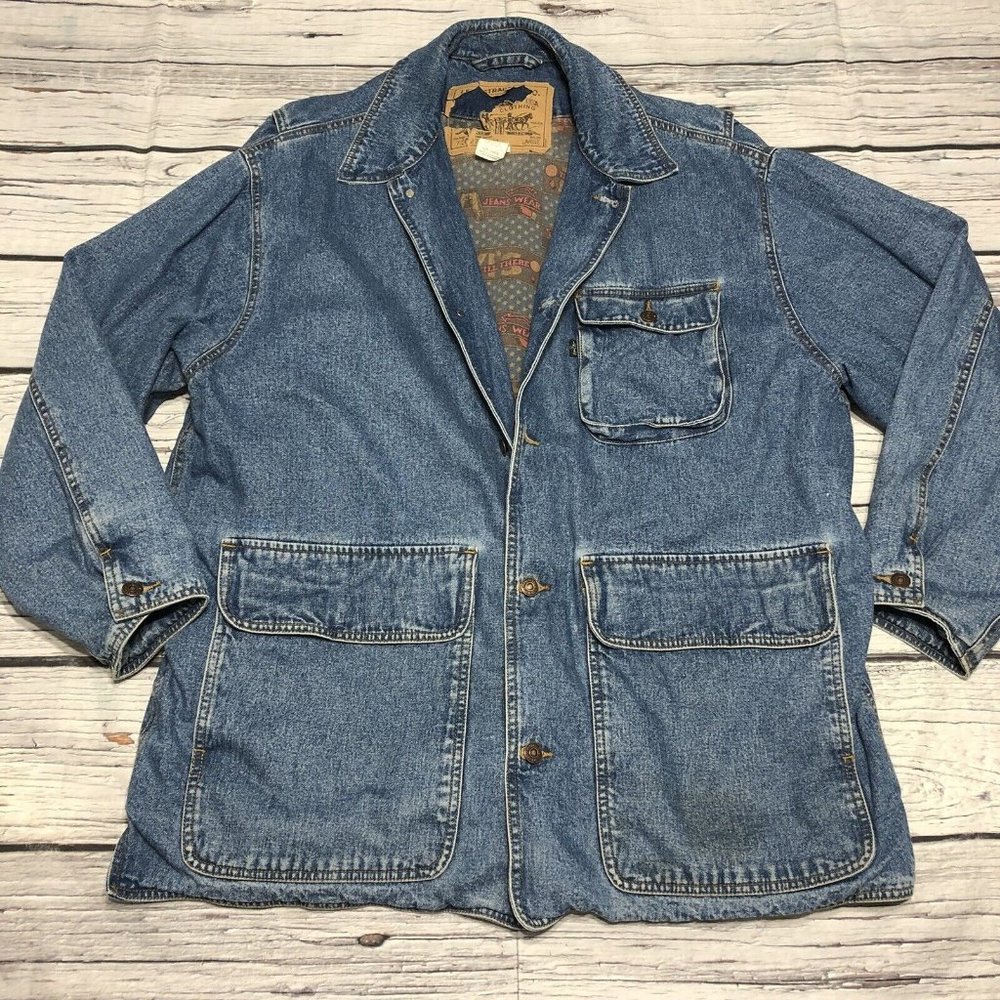 Vintage 80s 70s Levis Print Denim Safari Jacket Men’s Large Black Tab Chore Coat